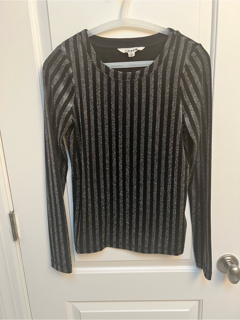 Boden Black Top with Silver Metallic Stripes - Long Sleeve